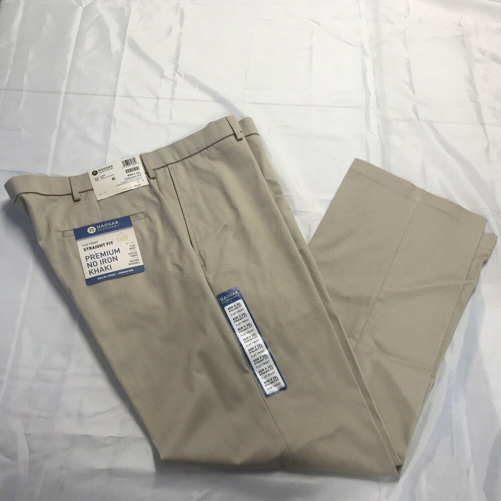 HAGGAR Men's Premium No Iron Straight Fit Stretch Fabric~ Khaki ~ Size 40W x 32L